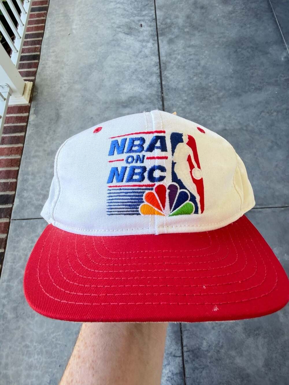 Vintage 90s AJD NBA on NBC Snapback Hat White Red Embroidered Logo